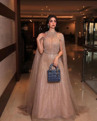 Elegant High-Neck A-Line Evening Dresses Long Sleeve Feather Applique & Beading Cocktail Dress for Prom Party Dresses
