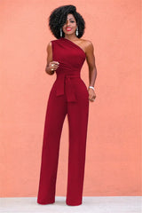 Elegant Skew Collar Belted Jumpsuit
