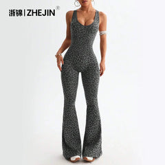 Backless Leopard Print Yoga Jumpsuit
