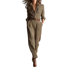 Beige Plaid Belted Shirt Jumpsuit