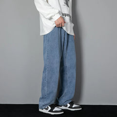 2026 New Korean Men's Casual Long Jeans Classic Man Straight Denim Wide-leg Pants Solid Color Light Blue Grey Black