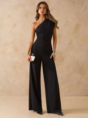Slim Fit Stylish Jumpsuit Slanted Shoulder Single Sleeve Waist Cinched Wide Leg Fashionable Casual Women's Clothing