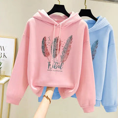Feather Print Velvet Hooded Sweatshirt
