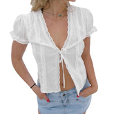 Tie-Front Lace V-Neck Top