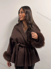Women's Wool Coat with Fur Cuffs Minimalist Soft Wool High Fashion Belted Winter Fur Trim Coat Old Money Style Natural Fur Coat
