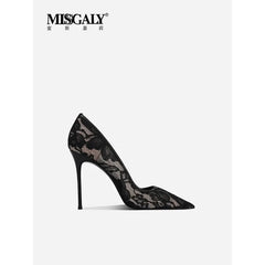 Black Lace High Heels for Women, 2026 New Slim Heel Pointed Sexy Versatile French Spring and Summer Breathable Single Shoes