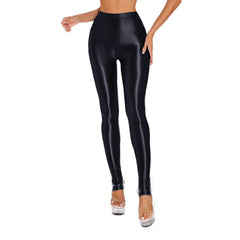 Womens Shiny Glossy High Waisted Stirrup Leggings Tights Gymnastics Workout Yoga Pants Tummy Control Sports Trousers