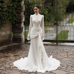 Elegant Mermaid Wedding Dresses Lace Long Sleeves Bridal Gown High Collar Exquisite Corset Party Dress robe de mariée Customized