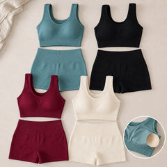 Seamless Ribbed Yoga Set 2 Piece Workout Outfit, Crop Tank Top & High Waist Biker Shorts Gym Suit for Fitness, Running, Pilates