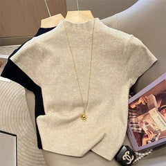 Knitted 2025 New Basic Sweaters Fashion Women Turtleneck Solid Thin Short Sleeve Slim Pullovers Streetwear Bodycon Sweater