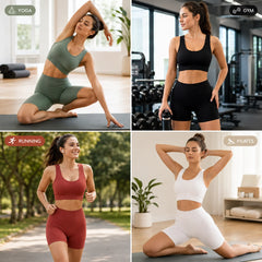 Seamless Ribbed Yoga Set 2 Piece Workout Outfit, Crop Tank Top & High Waist Biker Shorts Gym Suit for Fitness, Running, Pilates