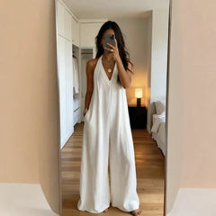 Women's White Halter Jumpsuit Deep V Neck Sleeveless Wide Leg Cuffed Hem Pocketed Boho Resort Casual Summer Y2K Chic Jumpsuit