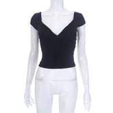 2000s Tops for Women Fairy Grunge Clothes Sweet Solid Color V Neck Short Sleeve Tanks Aesthetic T Shirt Streetwear