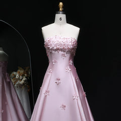 Pink Floral Strapless Evening Gown