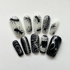 24pcs Thriller Style False Nails With Halloween Ant Bugs Pattern Wearable Press On Nails Ballet Black Punk Nail Art Decoration