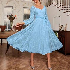 Elegant Party Dress For Woman Evening Prom Dresses Lace Long Gown V Neck Maxi Dress White Pink Floral Lace A Line Balloon Sleeve