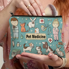 Pet Medicine Travel Organizer Pouch - Light Blue Polyester Cosmetic & Toiletry Bag with Cute Dog & Cat Illustrations