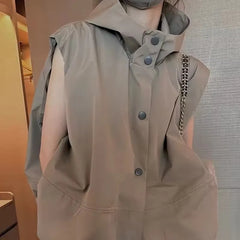 Women Hooded Vests Coats Single Breasted Loose Casual Tops Spring Autumn Korean Simple All-match Breathable Waistcoat