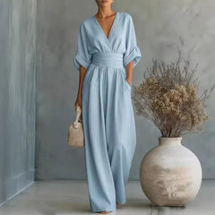 Women's Jumpsuit Fashion High Waist V-neck Casual Jumpsuits Sexy Solid Color Office Wide Leg Trousers Overalls Vacation Outfit