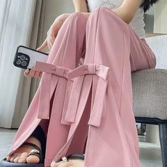 Women's Wide-Leg Pants High-Waisted with Bow Tie Detail Side Slits
