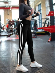 Women's High-Waisted Yoga Leggings with Side Stripes - Athletic Black Running Cycling Casual Pants