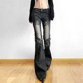 Plant Print Washed Flare Jeans