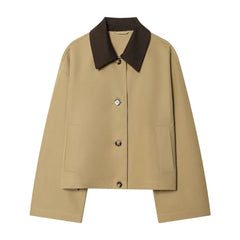 Women's Short Trench Coat with Contrast Collar New Spring Turn Down Collar Long Sleeve Button Women Coats Chic Female Jackets