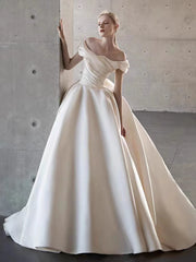 Elegant Satin Off-Shoulder Wedding Dress with Bow Detail