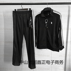 Unisex Embroidery Track Suit Striped Tape Zip‑Up Jacket Pants Set Casual Sportswear Outfit Long Sleeve Athletic Tracksuit Set