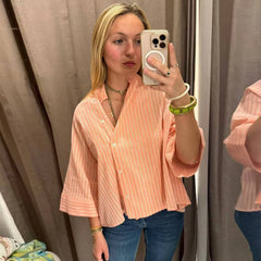 Women's Pink Striped Shirts Summer Asymmetric Button Mid Sleeve Loose Fit Shirts Casual Office Look Vintage Elegant Female Tops