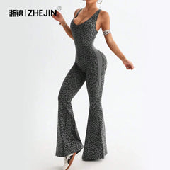 Backless Leopard Print Yoga Jumpsuit