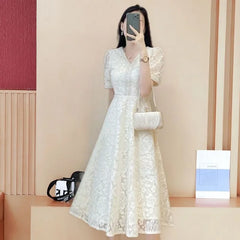 Elegant White Lace Puff Dress