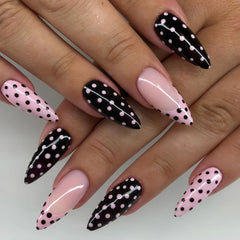 Medium long fake nails for women girls pink white black red blue brown polka dots design almond ballet tips press on false nail