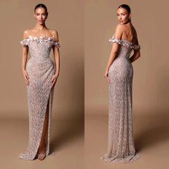 Elegant Off The Shouldre Evening Dresses Sexy Floral Appliques Sequined Prom Dress Customized High Side Slit Party Gown