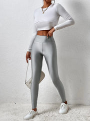 New European-style Gray Glossy Leggings High-waisted Solid Color Nine-point Pants Fashion High-stretch Waist Tight Leg Pants