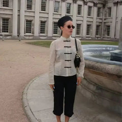 Women Trendy Sexy Striped Shirts Summer Female Chic Rope Buttons Sheer Shirts Lady High Street Elegant Long Sleeve Blouse Tops