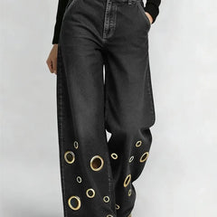 Women's High Waist Wide Leg Jeans with Gold Eyelets Vintage Baggy Denim Pants, Y2K Streetwear Hollow Out Trousers Ladies Jeans