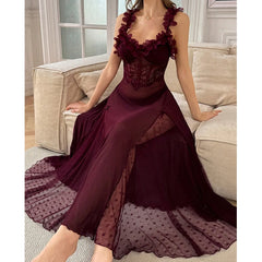Night Dress Woman Suspenders Polka Dot Mesh Sleepwear Fairy Bow Long Dress Pajama Petal Nightwear V-Neck Backless Sexy Nightgown
