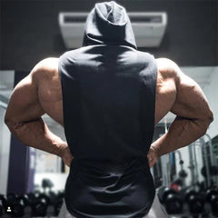 Men’s Fitness Workout Sportswear Tops Bodybuilding Hooded Tank Top Cotton Printed Sleeveless T-shirts Casual Hip Hop Undershirt