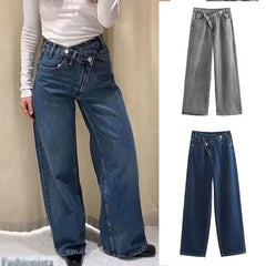 Slanted Placket Retro Wide Jeans