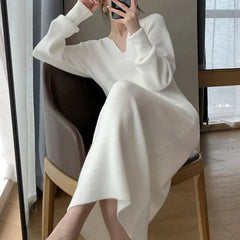 French Knit V-Neck Midi Dress