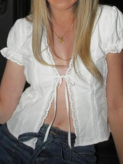 Tie-Front Lace V-Neck Top