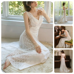 Women's Nightgown Luxury V Neck Sleeveless Night Dress Fashion Slim White Princess Long Dress Summer Ladies Sleepwear Vestido