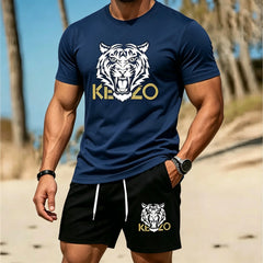 Men Summer Tiger Stripe 2 Piece Tracksuit Breathable Quick Dry Short Sleeve T Shirt Shorts Set Gym Running Sportswear