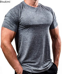 Summer Gym T-shirts Men's Solid Fitness Clothing O-neck Short Sleeve Tops Breathable Slim Bodybuilding Workout Muscle Tees Male