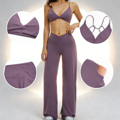Yoga Set - Backless Bra + Cross Waist Wide Leg Pants Fitness Suit, Jogging Tracksuit Active Wear Workout Loungewear Sports Gym