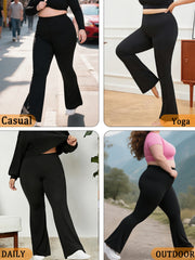 Plus Size Ladies High-Rise Flared Leggings for Yoga and Workout Features Tummy Control and a Stylish Bell-Bottom Design in Sizes