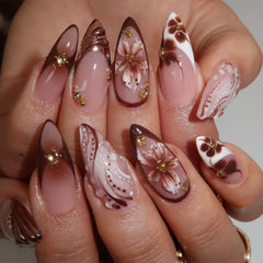 Medium fake nails for women Gradient nude brown blue flowers or rhinestones fall winter almond tips press on false nail art set