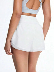 Women's Shorts, Faux Two-Piece High-Waisted Fitness Shorts with Pockets, Casual Home Pants, Suitable for Everyday Outings