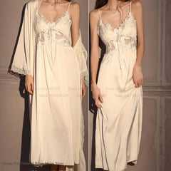 Elegant Female Long Robe Set Nightgown Silky Ice Silk Sleepwear Homewear SEXY Hollow Out Lace Nightdress Lingerie Loungewear